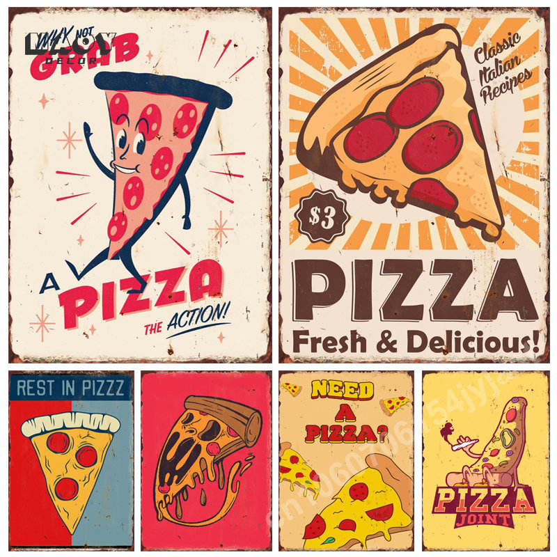 Food Snacks Background - Pizza Komik Yiyecek Metal Tabelalar Mutfak